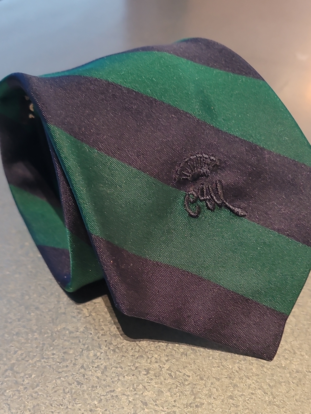 COUNTESS MARA Striped Green & Navy Silk Club Tie - Embroidered Logo
